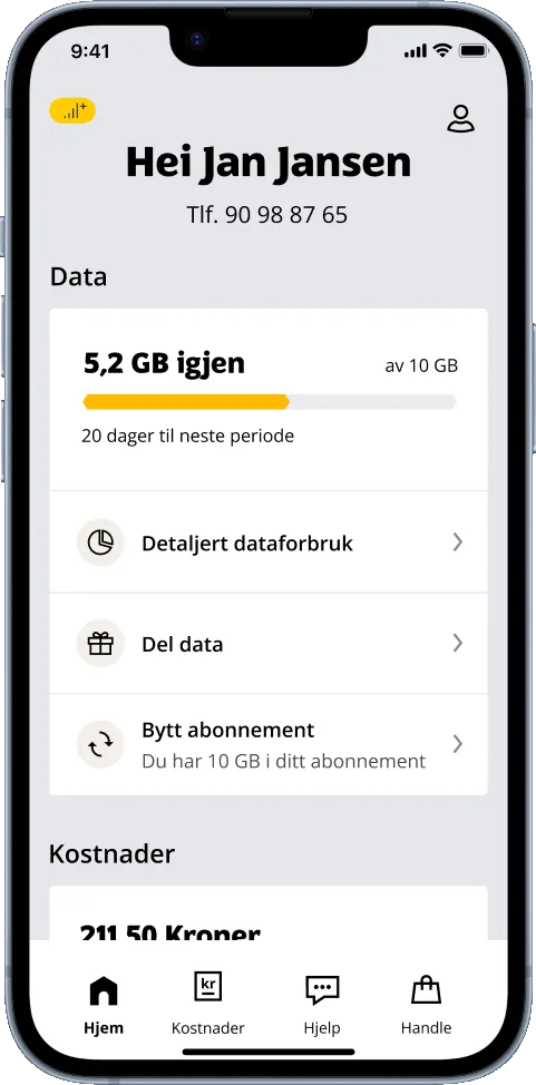 Hjem-skjermen med gjenværende data øverst